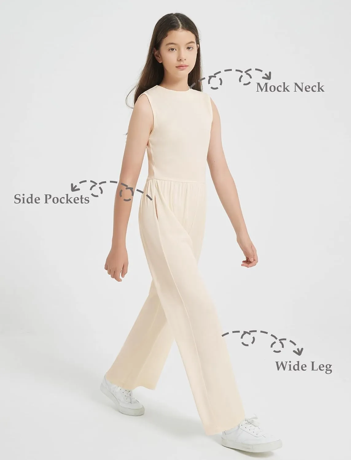 EXARUS Girls Sleeveless Jumpsuit Mock Neck Wide Leg Pants Zipper One Piece Rompers Overall Lightweight Casual 8-12Y