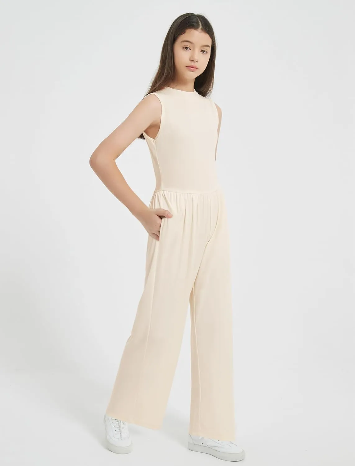 EXARUS Girls Sleeveless Jumpsuit Mock Neck Wide Leg Pants Zipper One Piece Rompers Overall Lightweight Casual 8-12Y