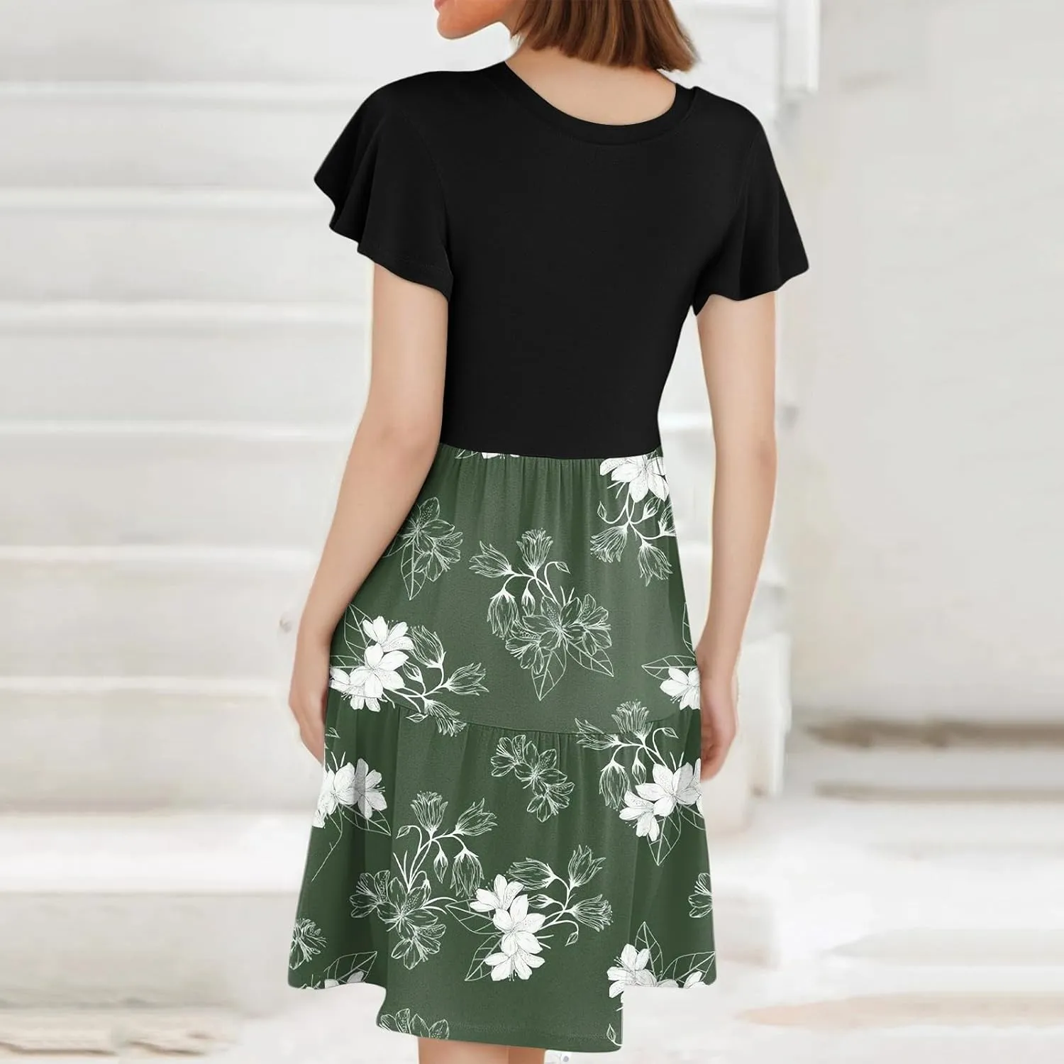 Floral Dress for Women Crewneck Ruffle Short Sleeve Patchwork Dresses Mini Tiered Summer Casual Beach Vacation Dress
