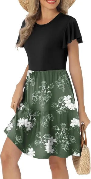 Floral Dress for Women Crewneck Ruffle Short Sleeve Patchwork Dresses Mini Tiered Summer Casual Beach Vacation Dress