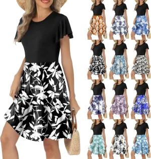 Floral Dress for Women Crewneck Ruffle Short Sleeve Patchwork Dresses Mini Tiered Summer Casual Beach Vacation Dress
