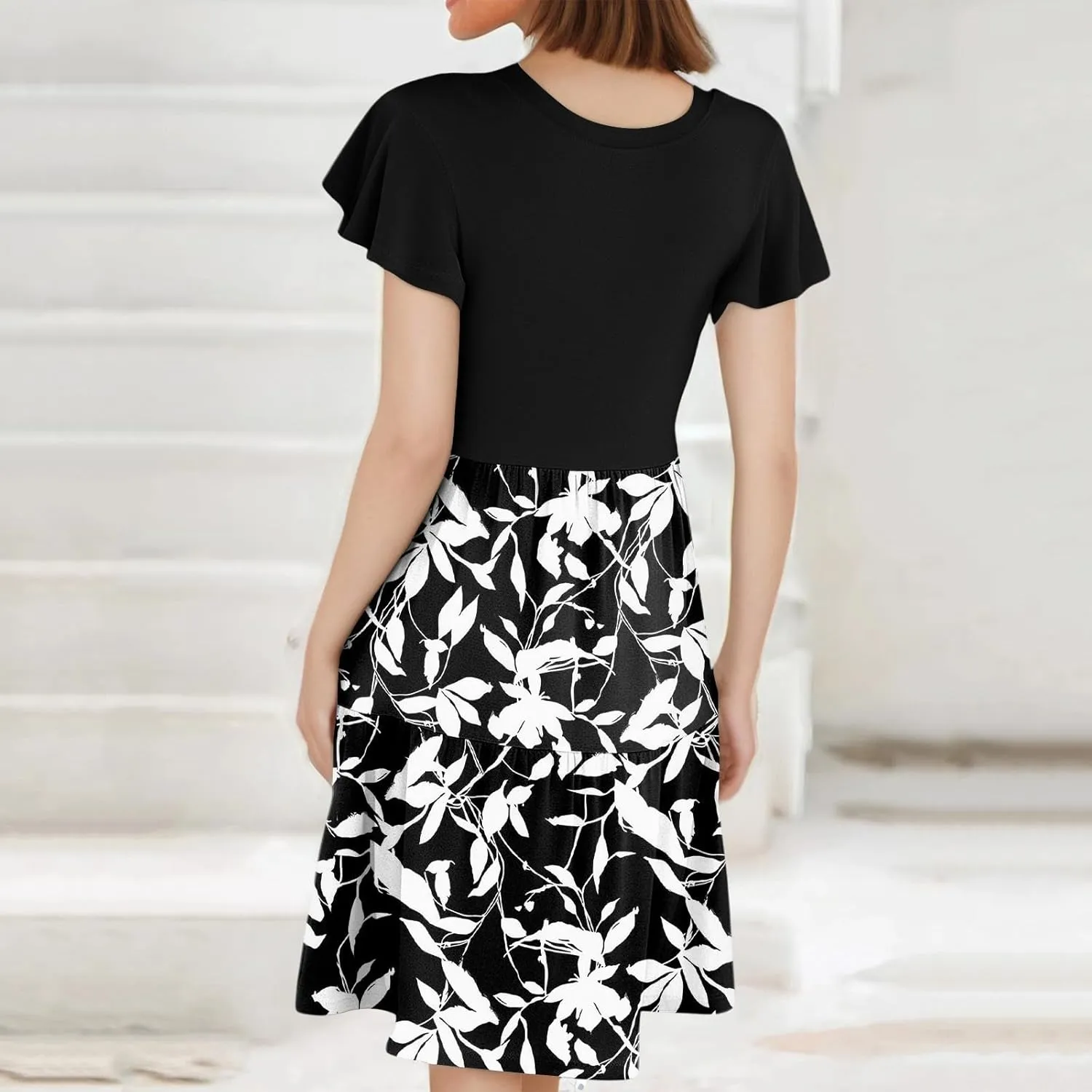 Floral Dress for Women Crewneck Ruffle Short Sleeve Patchwork Dresses Mini Tiered Summer Casual Beach Vacation Dress
