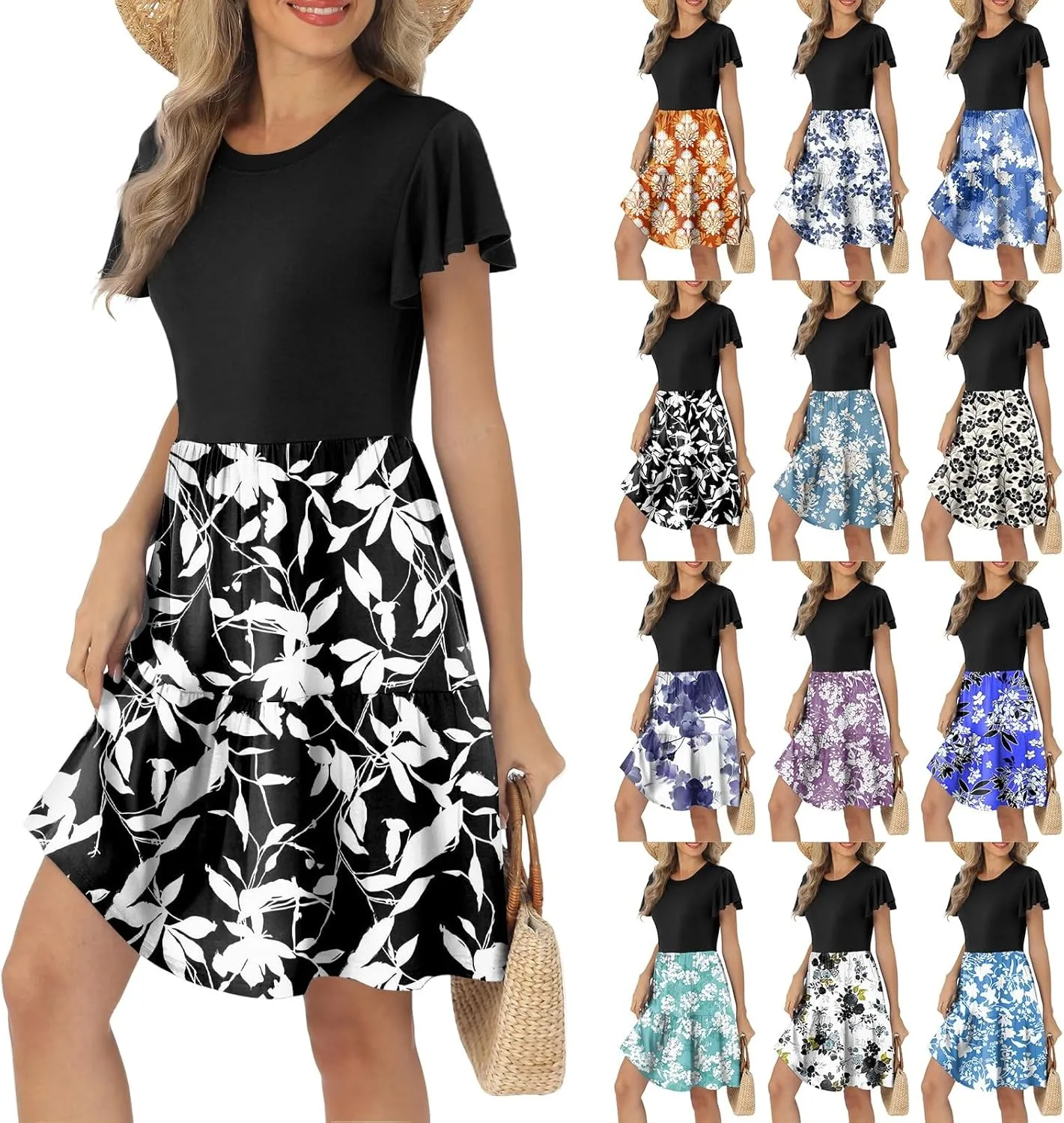 Floral Dress for Women Crewneck Ruffle Short Sleeve Patchwork Dresses Mini Tiered Summer Casual Beach Vacation Dress
