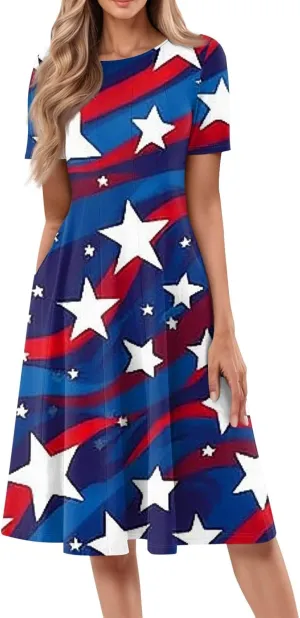 Fourth of July Dresses Red White and Blue Women's Casual Fashion Round Neck Short Sleeve Print Midi Comfy Casual Dress