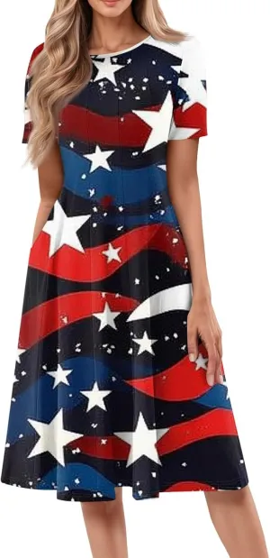 Fourth of July Dresses Red White and Blue Women's Casual Fashion Round Neck Short Sleeve Print Midi Comfy Casual Dress