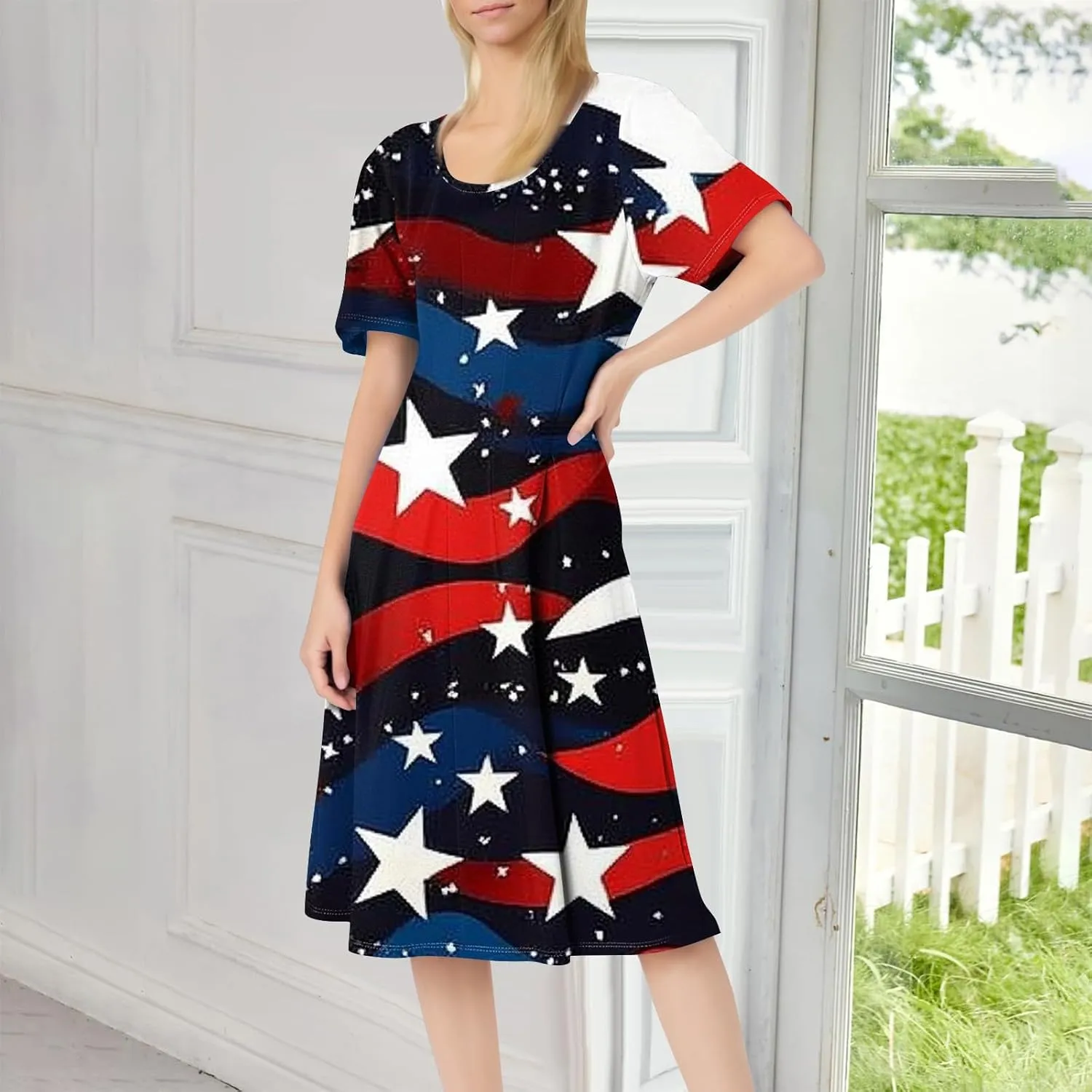 Fourth of July Dresses Red White and Blue Women's Casual Fashion Round Neck Short Sleeve Print Midi Comfy Casual Dress