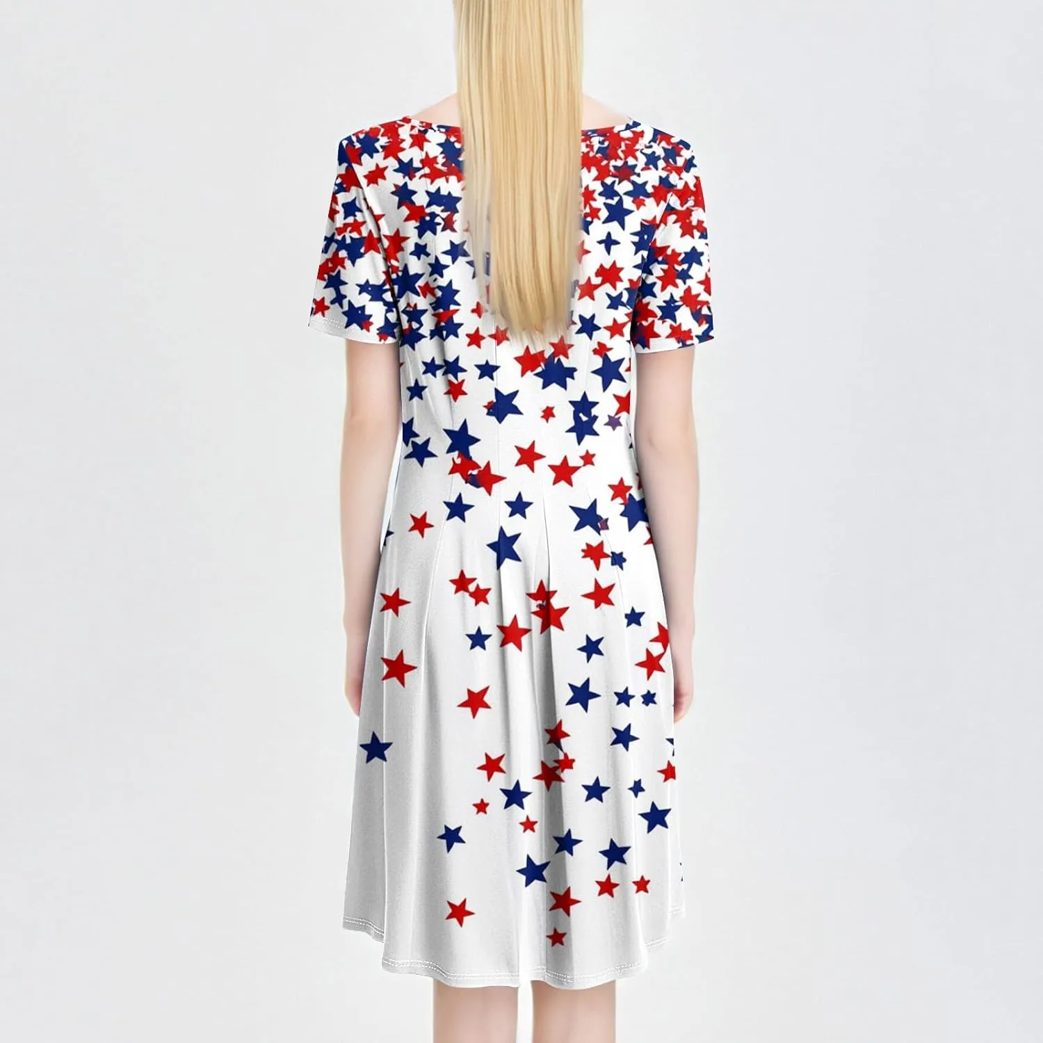 Fourth of July Dresses Red White and Blue Women's Casual Fashion Round Neck Short Sleeve Print Midi Comfy Casual Dress