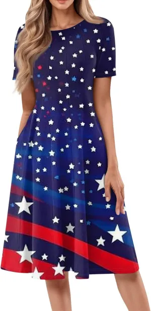 Fourth of July Dresses Red White and Blue Women's Casual Fashion Round Neck Short Sleeve Print Midi Comfy Casual Dress