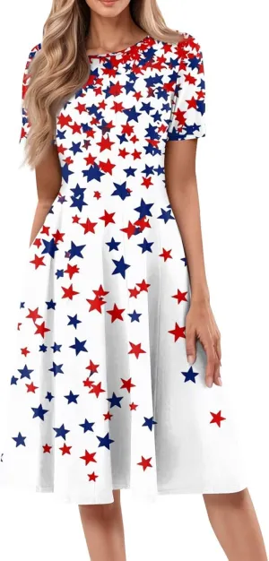 Fourth of July Dresses Red White and Blue Women's Casual Fashion Round Neck Short Sleeve Print Midi Comfy Casual Dress