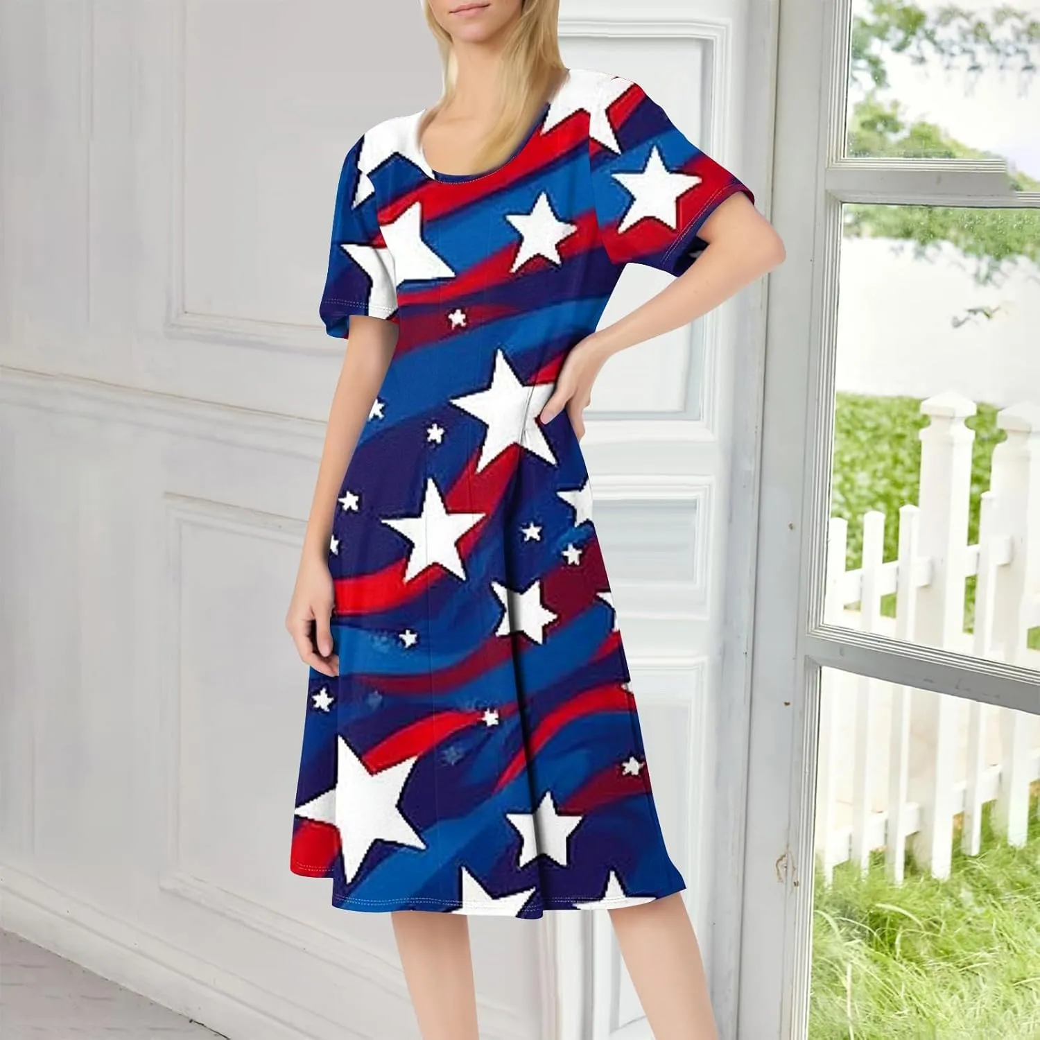 Fourth of July Dresses Red White and Blue Women's Casual Fashion Round Neck Short Sleeve Print Midi Comfy Casual Dress