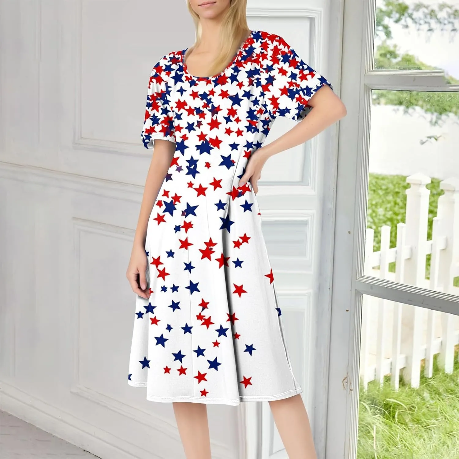 Fourth of July Dresses Red White and Blue Women's Casual Fashion Round Neck Short Sleeve Print Midi Comfy Casual Dress