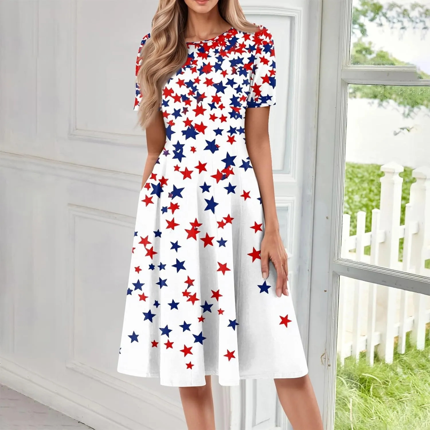 Fourth of July Dresses Red White and Blue Women's Casual Fashion Round Neck Short Sleeve Print Midi Comfy Casual Dress