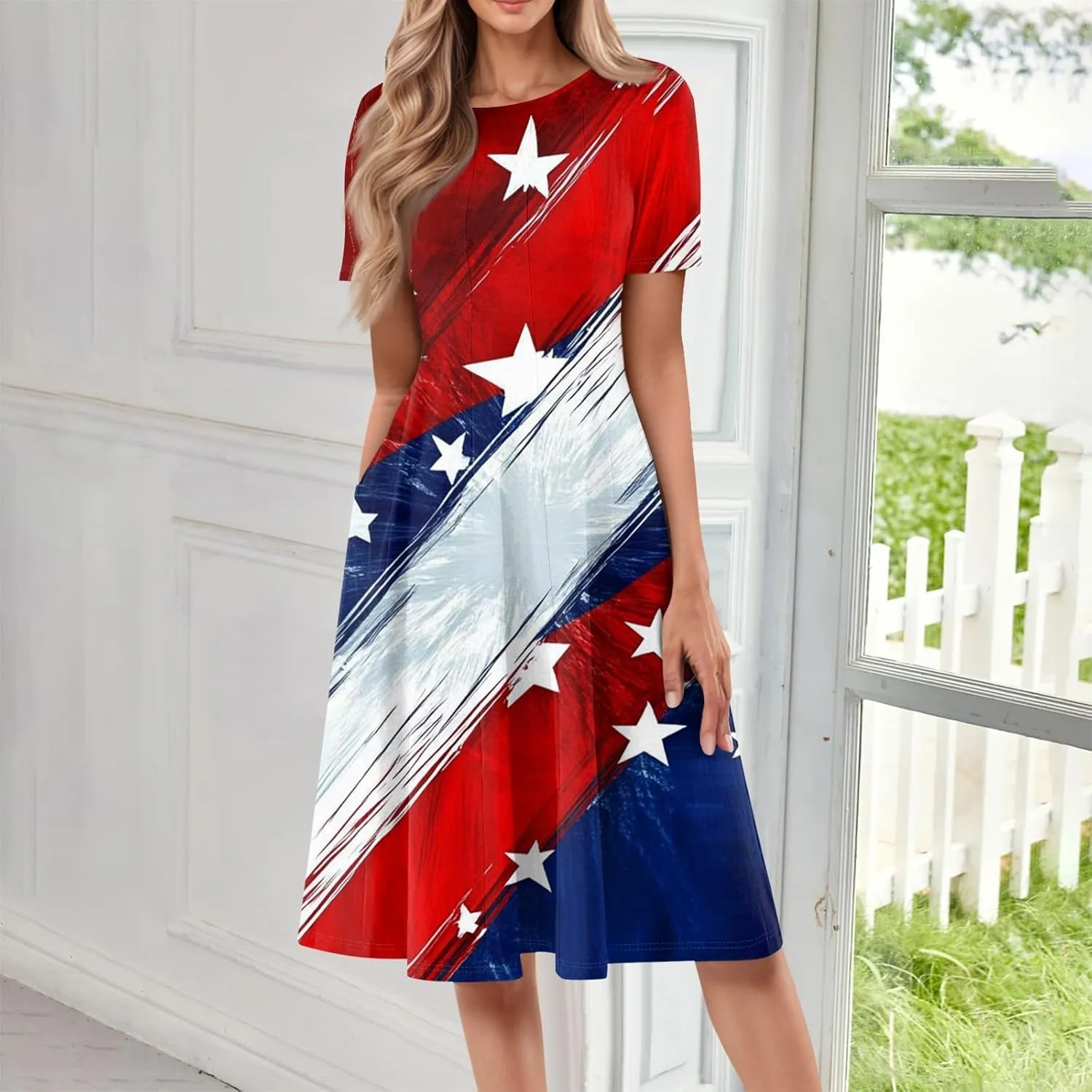 Fourth of July Dresses Red White and Blue Women's Casual Fashion Round Neck Short Sleeve Print Midi Comfy Casual Dress