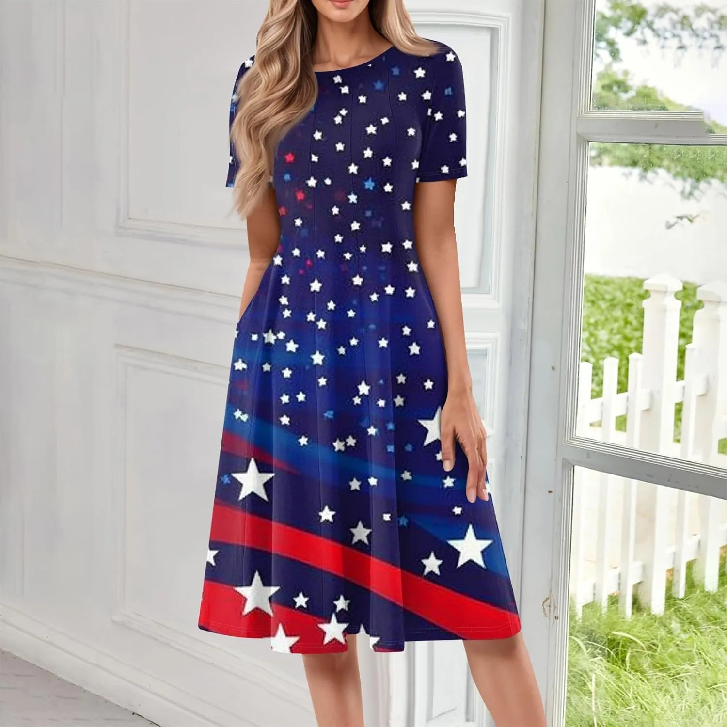 Fourth of July Dresses Red White and Blue Women's Casual Fashion Round Neck Short Sleeve Print Midi Comfy Casual Dress