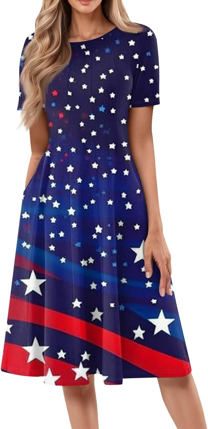 Fourth of July Dresses Red White and Blue Women's Casual Fashion Round Neck Short Sleeve Print Midi Comfy Casual Dress