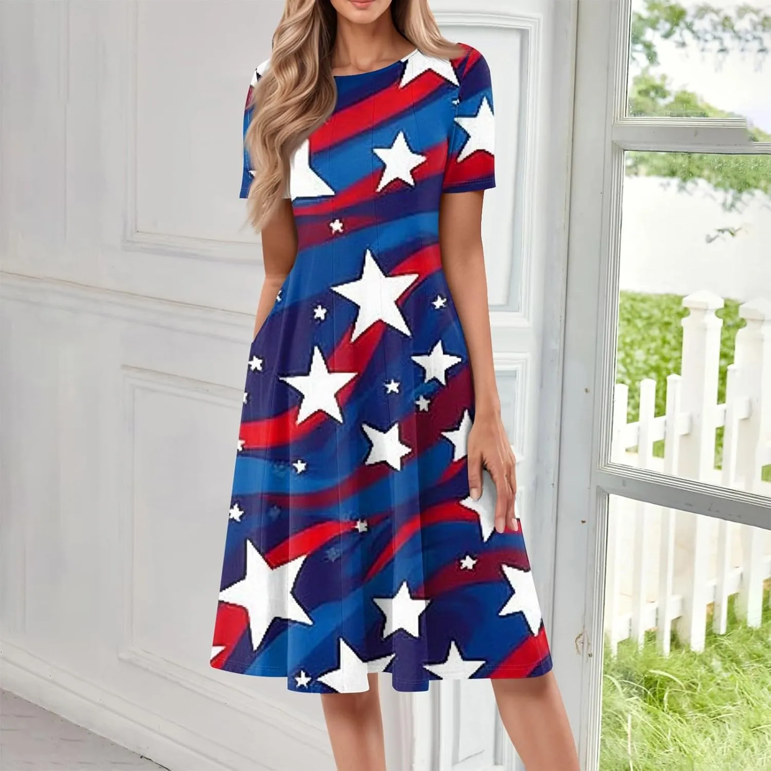 Fourth of July Dresses Red White and Blue Women's Casual Fashion Round Neck Short Sleeve Print Midi Comfy Casual Dress