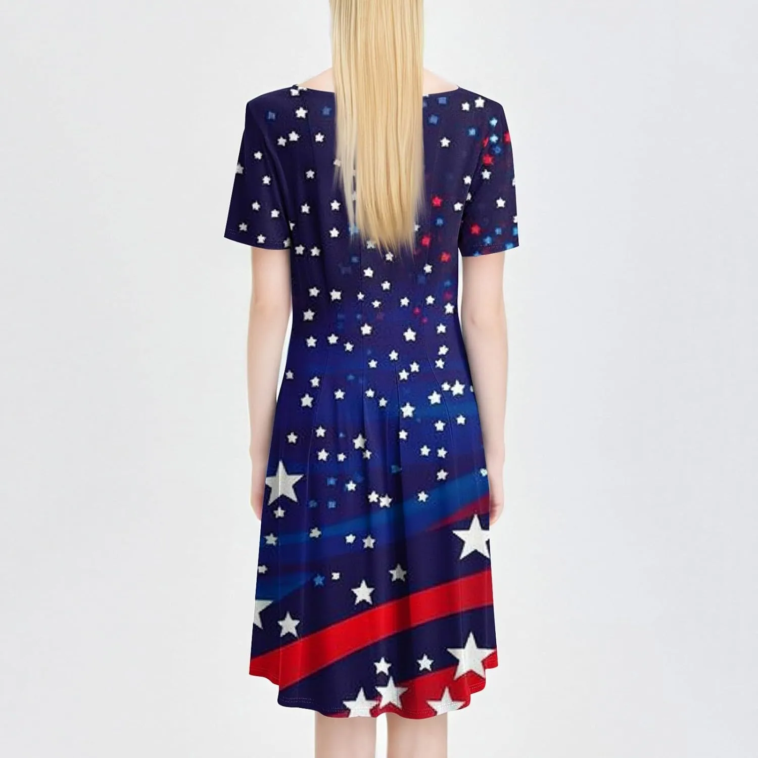 Fourth of July Dresses Red White and Blue Women's Casual Fashion Round Neck Short Sleeve Print Midi Comfy Casual Dress