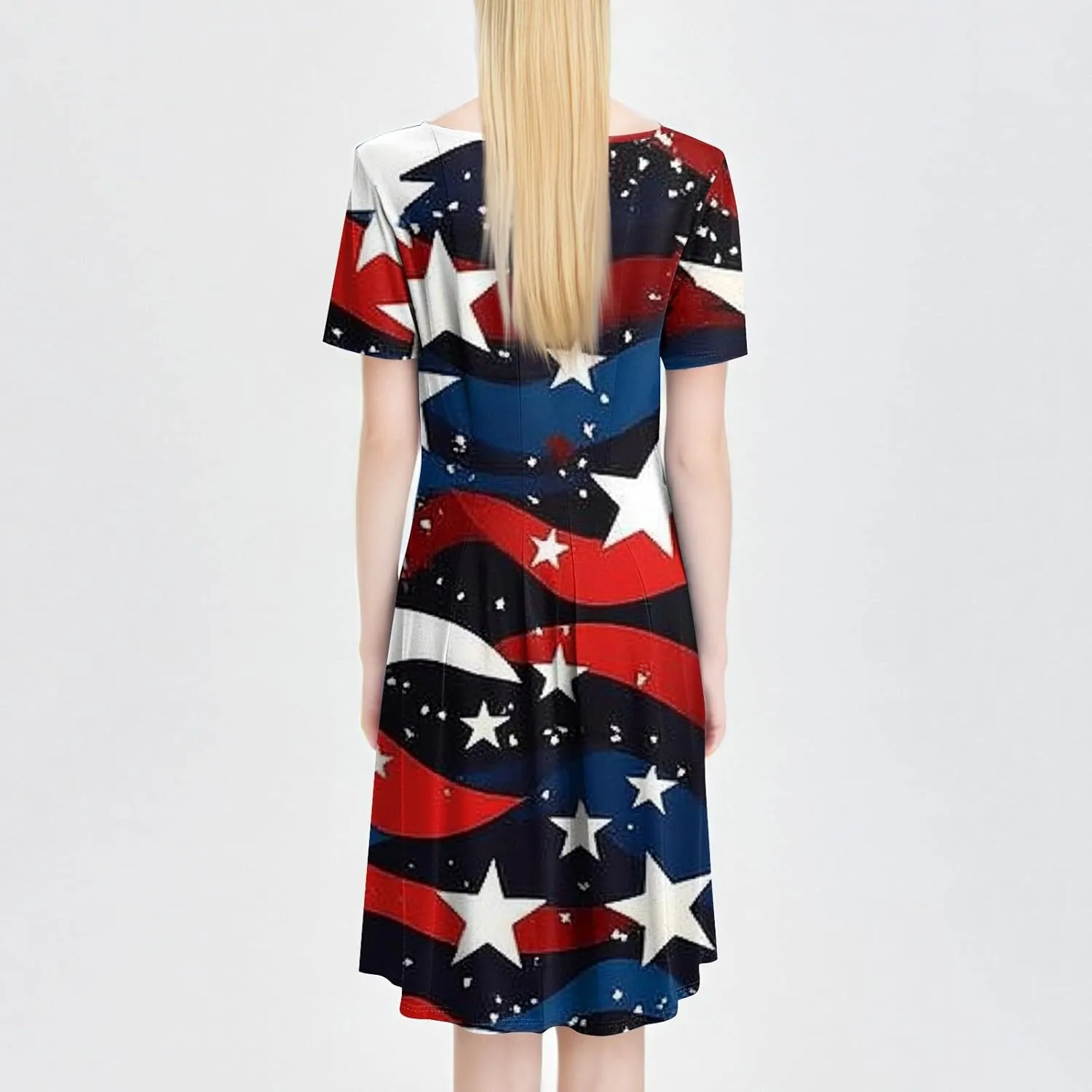 Fourth of July Dresses Red White and Blue Women's Casual Fashion Round Neck Short Sleeve Print Midi Comfy Casual Dress