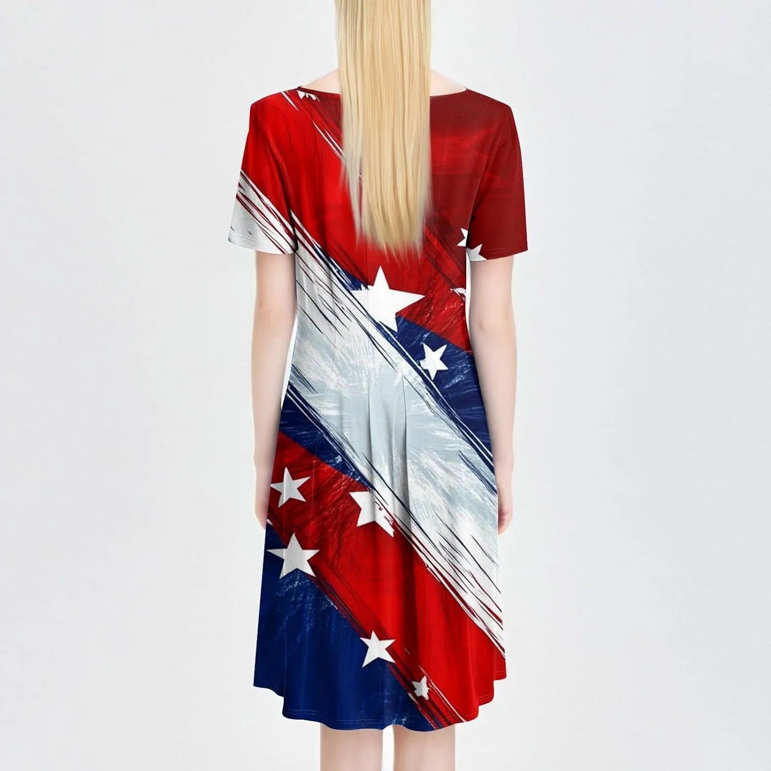Fourth of July Dresses Red White and Blue Women's Casual Fashion Round Neck Short Sleeve Print Midi Comfy Casual Dress