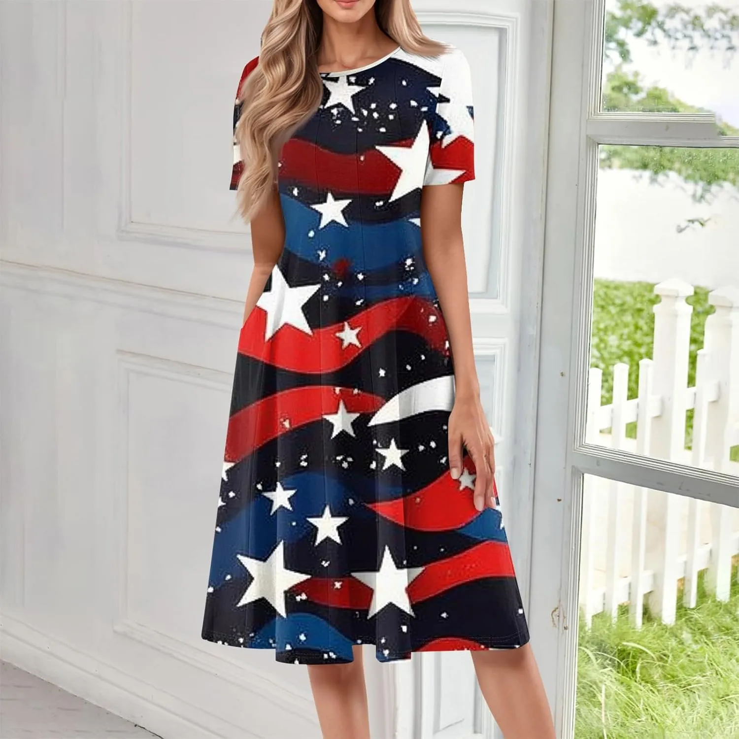 Fourth of July Dresses Red White and Blue Women's Casual Fashion Round Neck Short Sleeve Print Midi Comfy Casual Dress