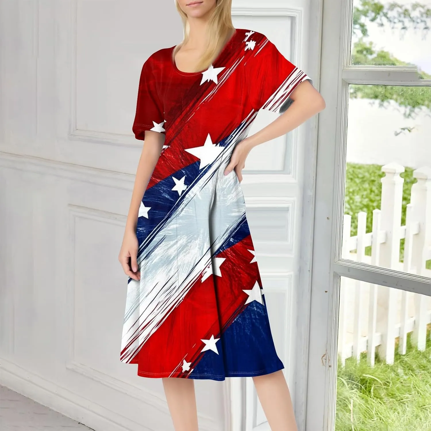Fourth of July Dresses Red White and Blue Women's Casual Fashion Round Neck Short Sleeve Print Midi Comfy Casual Dress