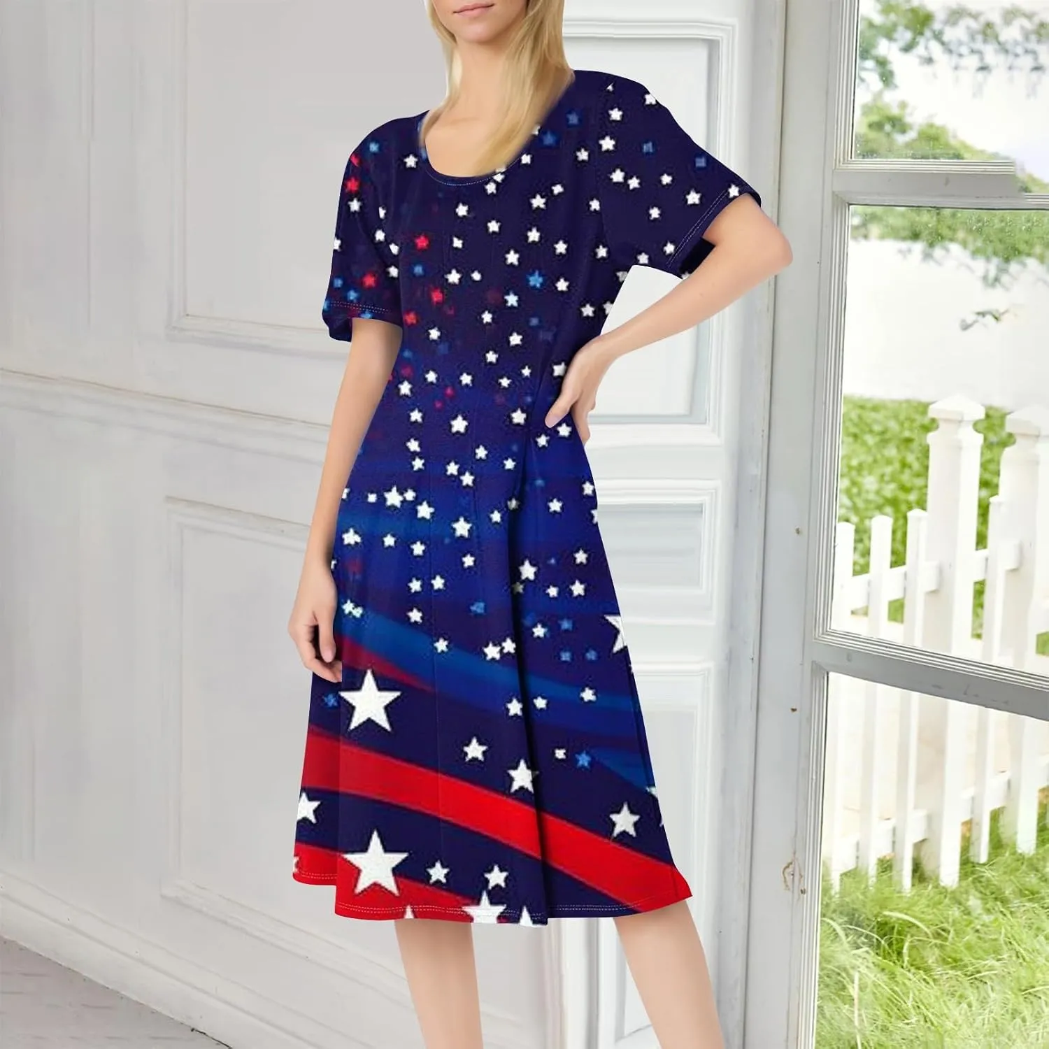 Fourth of July Dresses Red White and Blue Women's Casual Fashion Round Neck Short Sleeve Print Midi Comfy Casual Dress