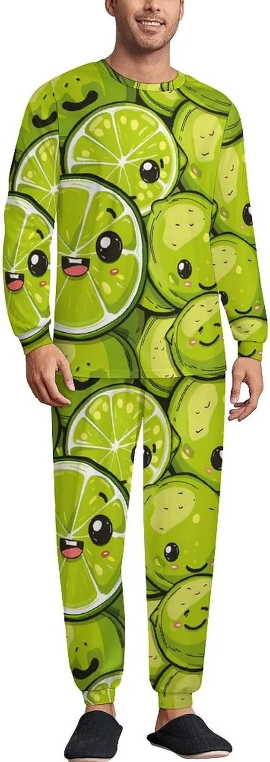 Fresh Lemon Men's Pajama Set Casual Sleepwear Pjs Set Crewneck Shirts And Bottoms Comfy Loungewear