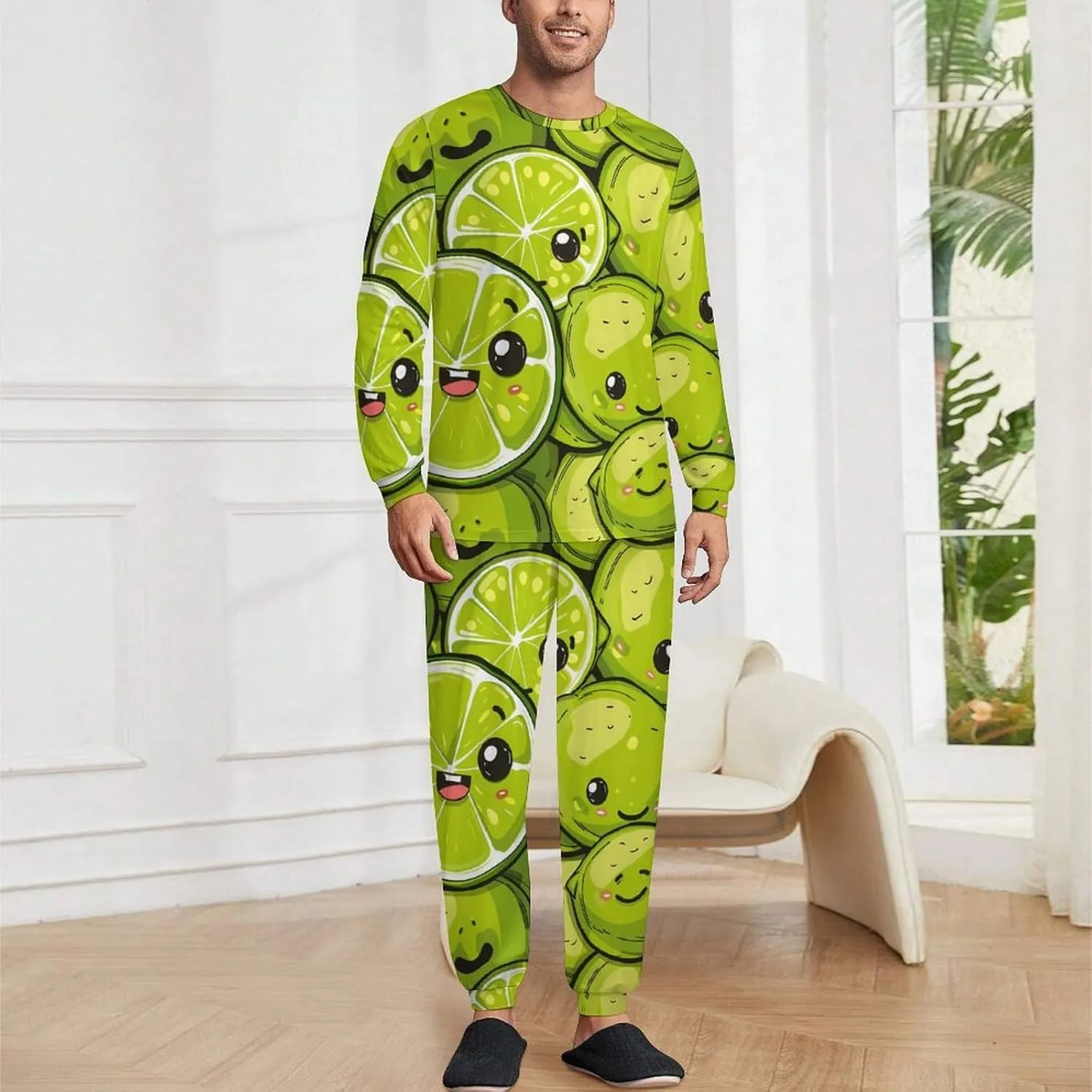 Fresh Lemon Men's Pajama Set Casual Sleepwear Pjs Set Crewneck Shirts And Bottoms Comfy Loungewear