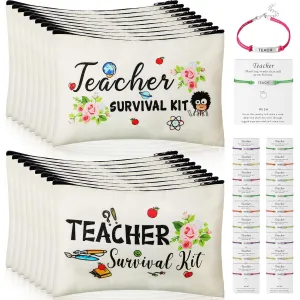 Frienda 36 Pieces Teacher Appreciation Present Set, 18 Survival Kit Makeup Pouch Bag Pencil Bag, 18 Teacher Blessing Card Bracelet, Cosmetic Bag Kit for Teacher's Day, Elegant Style, 9.1 x 5.9 Inch