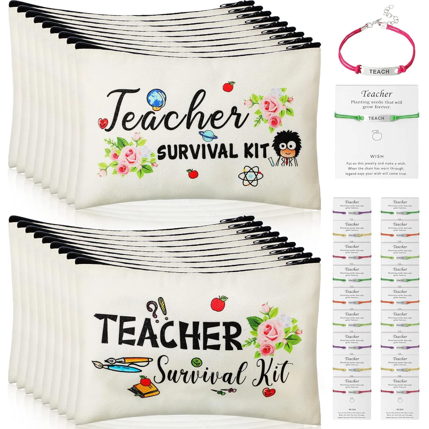 Frienda 36 Pieces Teacher Appreciation Present Set, 18 Survival Kit Makeup Pouch Bag Pencil Bag, 18 Teacher Blessing Card Bracelet, Cosmetic Bag Kit for Teacher's Day, Elegant Style, 9.1 x 5.9 Inch