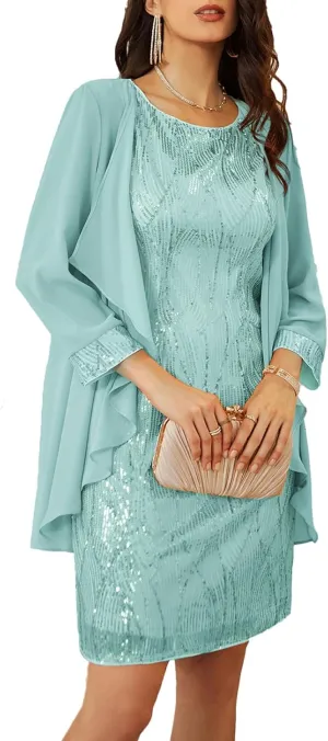 GRACE KARIN Women's Sequin Dress - Wedding Guest & Mother of The Bride Formal Dress - Two Piece Knee Length