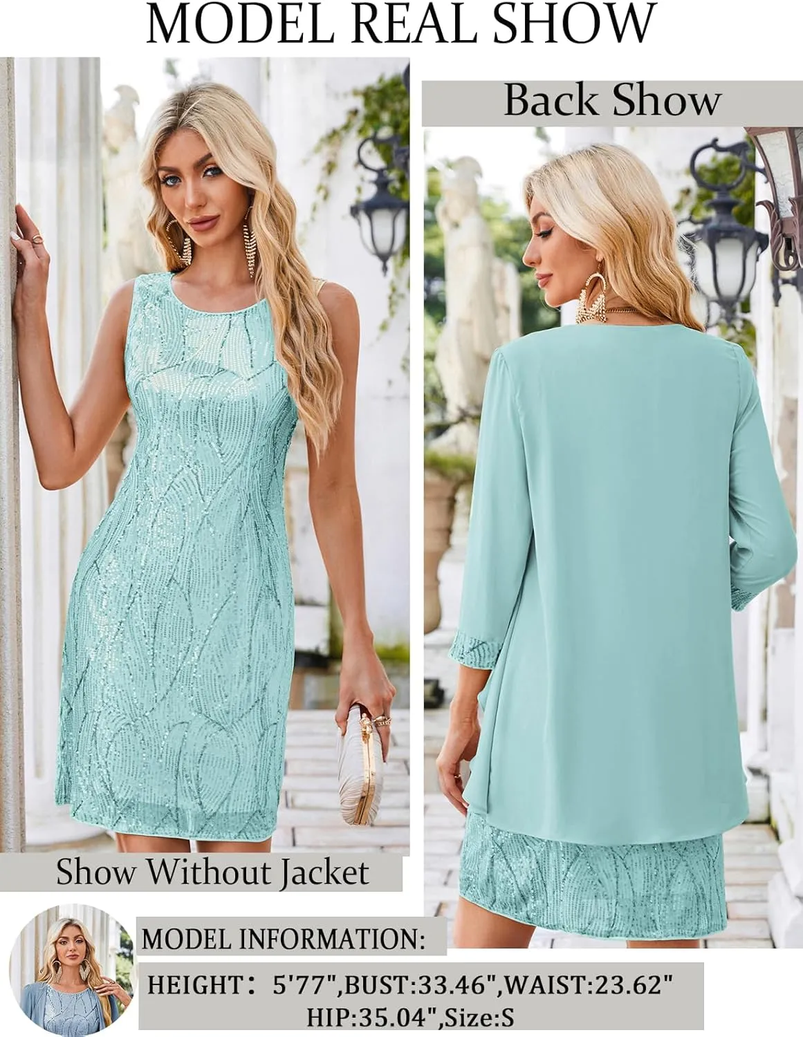 GRACE KARIN Women's Sequin Dress - Wedding Guest & Mother of The Bride Formal Dress - Two Piece Knee Length
