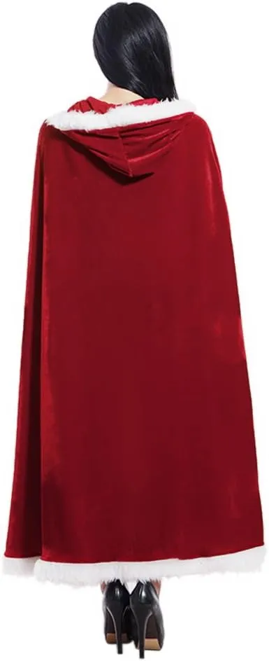 Greenery-GRE Kids Adults Christmas Halloween Costume Cloak for Women Men Velvet Mrs. Santa Claus Hooded Cape Robe Red
