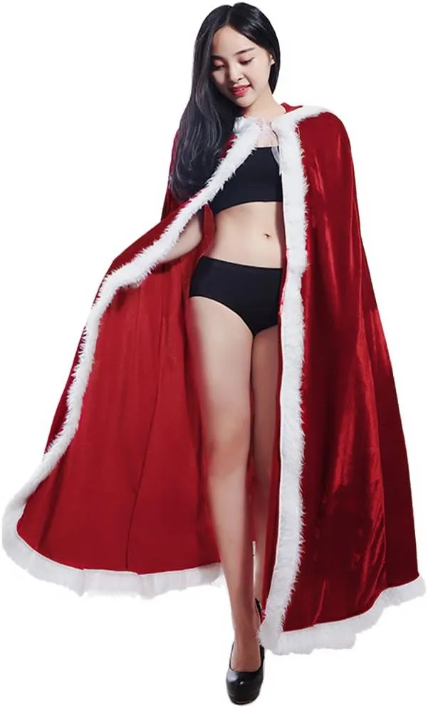 Greenery-GRE Kids Adults Christmas Halloween Costume Cloak for Women Men Velvet Mrs. Santa Claus Hooded Cape Robe Red