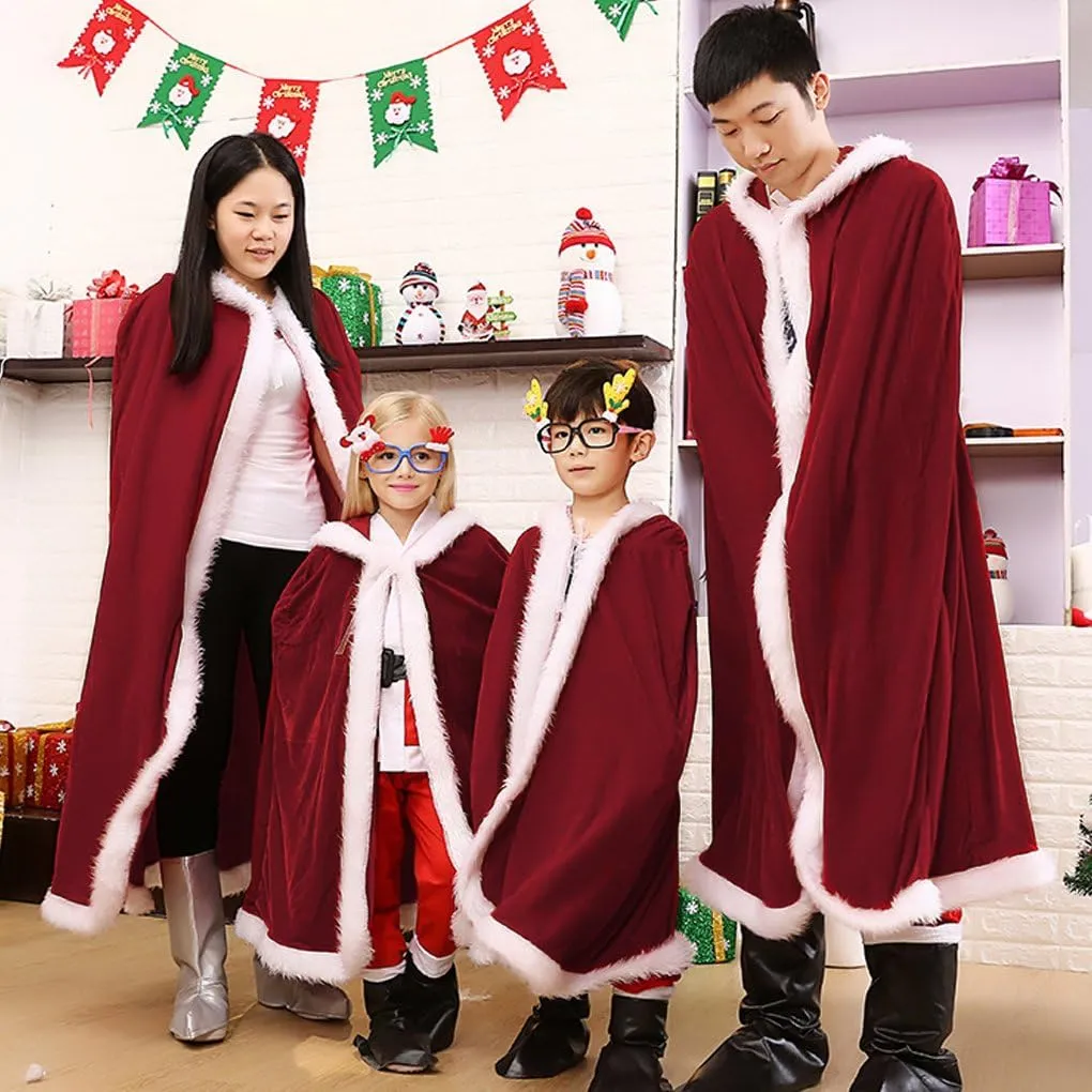 Greenery-GRE Kids Adults Christmas Halloween Costume Cloak for Women Men Velvet Mrs. Santa Claus Hooded Cape Robe Red