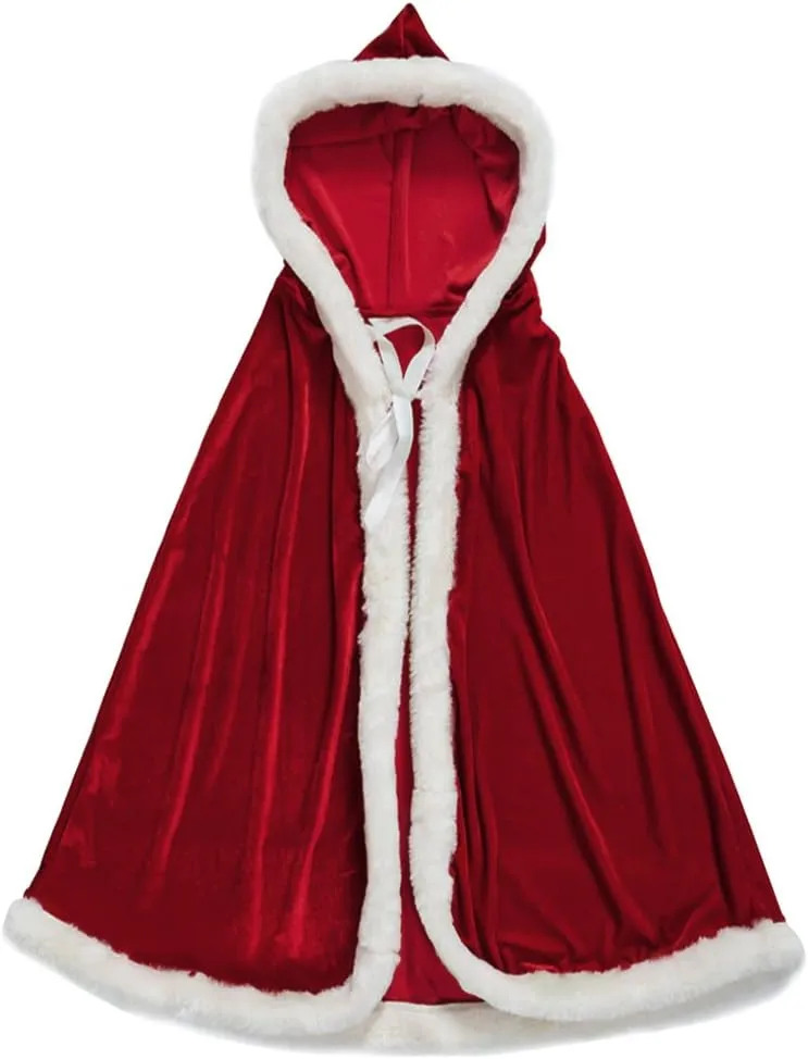 Greenery-GRE Kids Adults Christmas Halloween Costume Cloak for Women Men Velvet Mrs. Santa Claus Hooded Cape Robe Red
