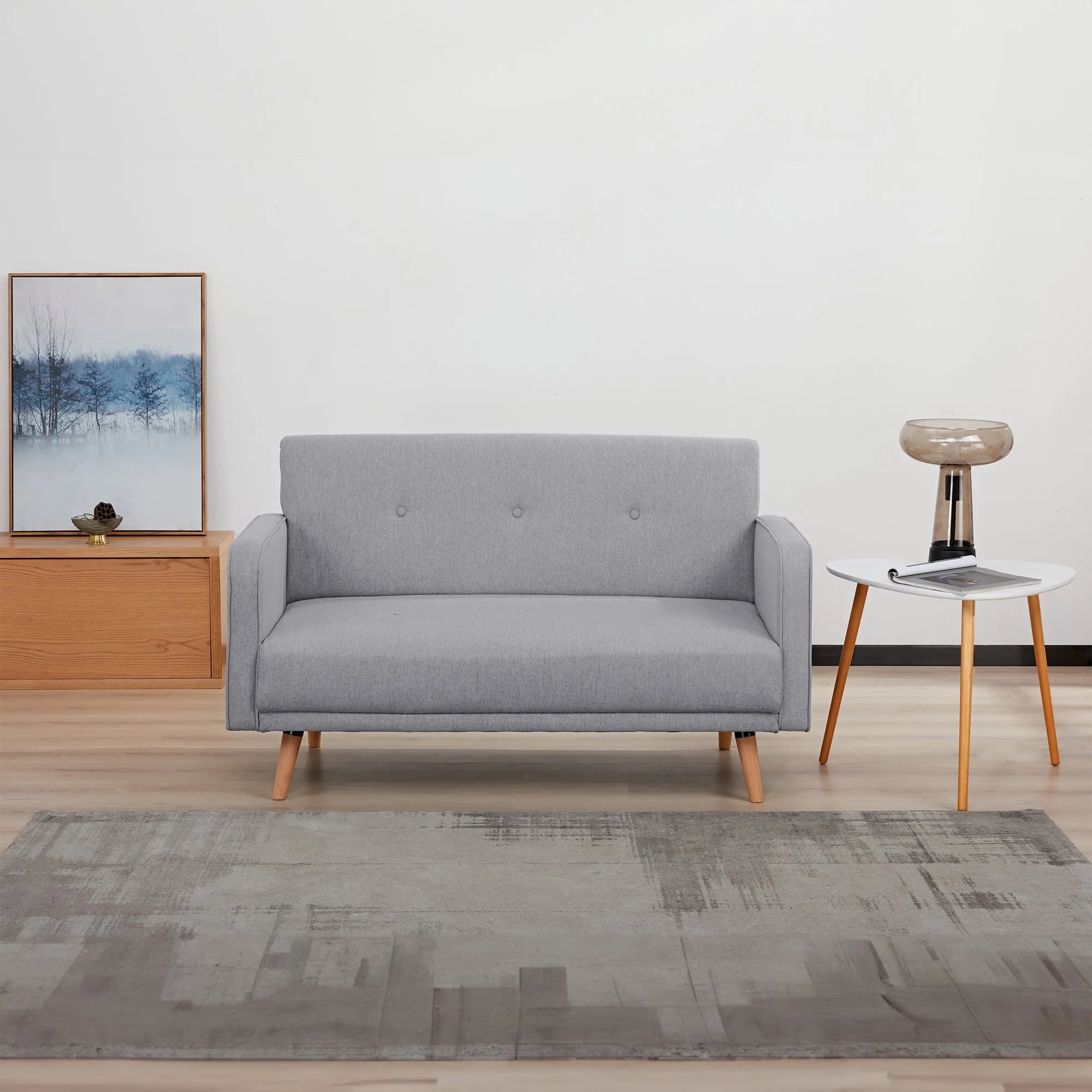 Grey 2-Seater Fabric Sofa with Wood Legs, Foam Support