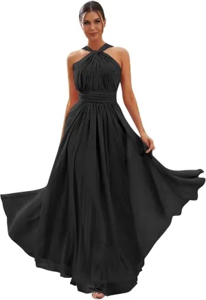 Halter Chiffon Bridesmaid Dresses for Women A Line Long Pleated Formal Evening Gown