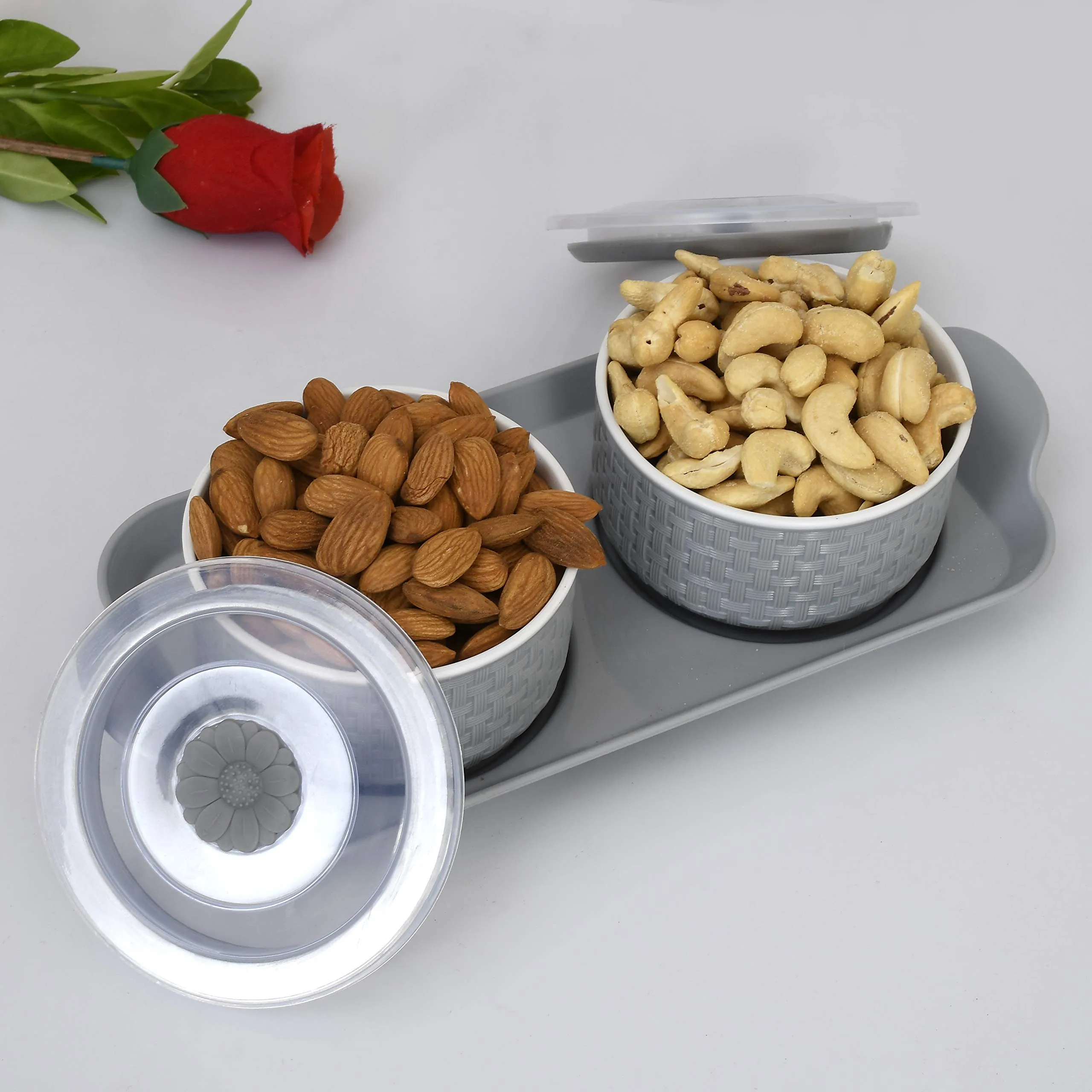 Heart Home Walnut Checkered Design Plastic Solitaire Serving Tray with 2 Multipurpose Snacks/Dry Fruit Air Tight Bowls with Lids (Set of 3, Grey)-HEART11087