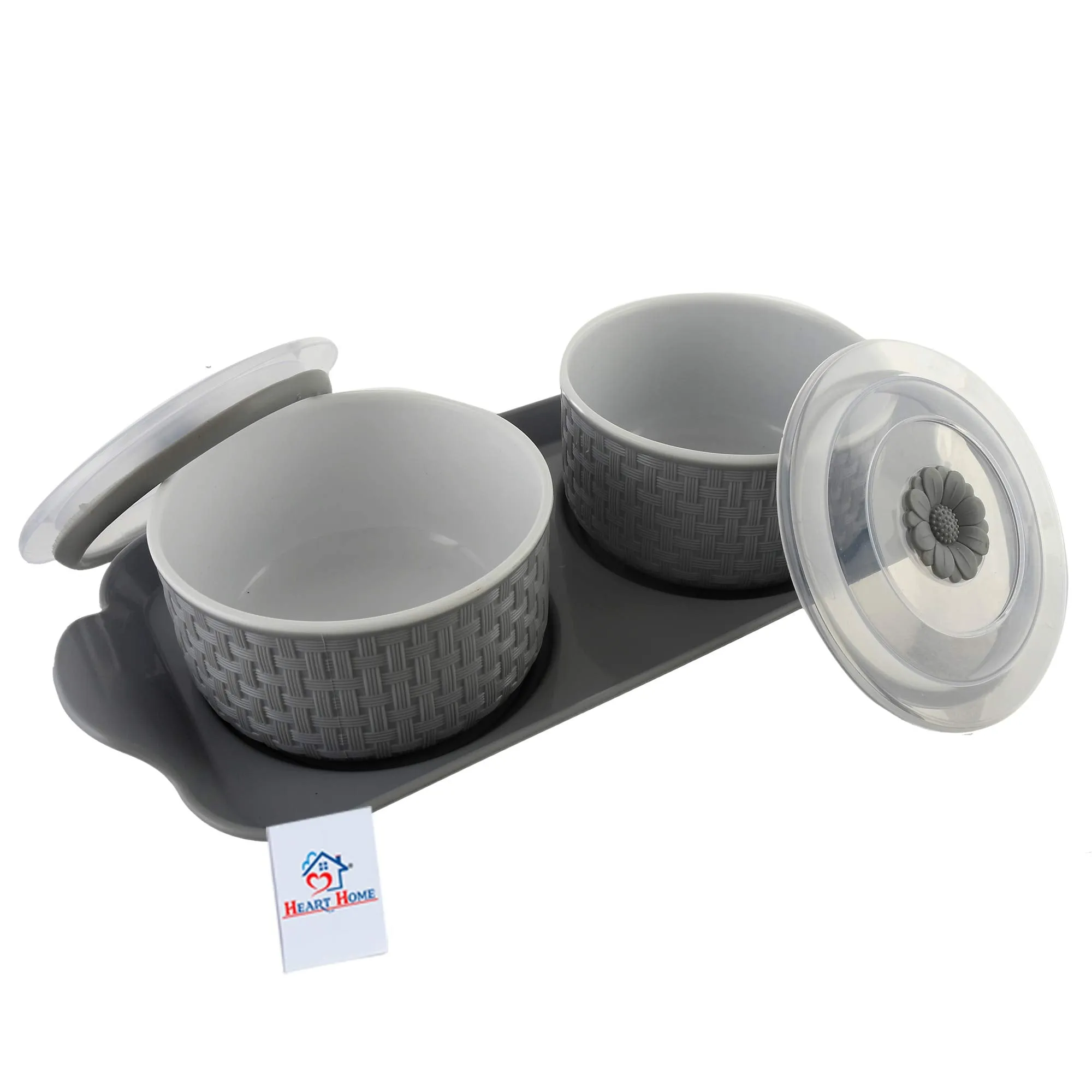 Heart Home Walnut Checkered Design Plastic Solitaire Serving Tray with 2 Multipurpose Snacks/Dry Fruit Air Tight Bowls with Lids (Set of 3, Grey)-HEART11087
