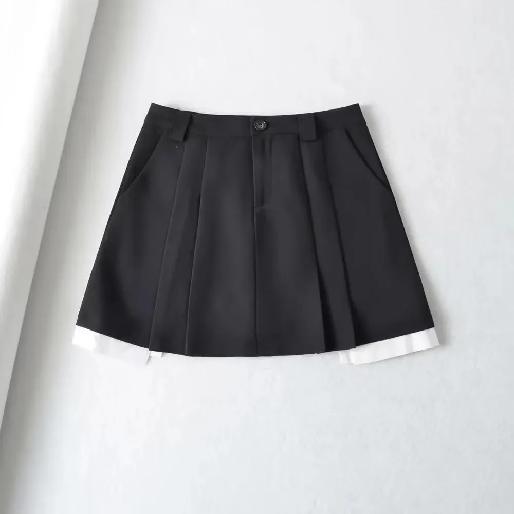 High Waist Patchwork Pleated Skirt for Women