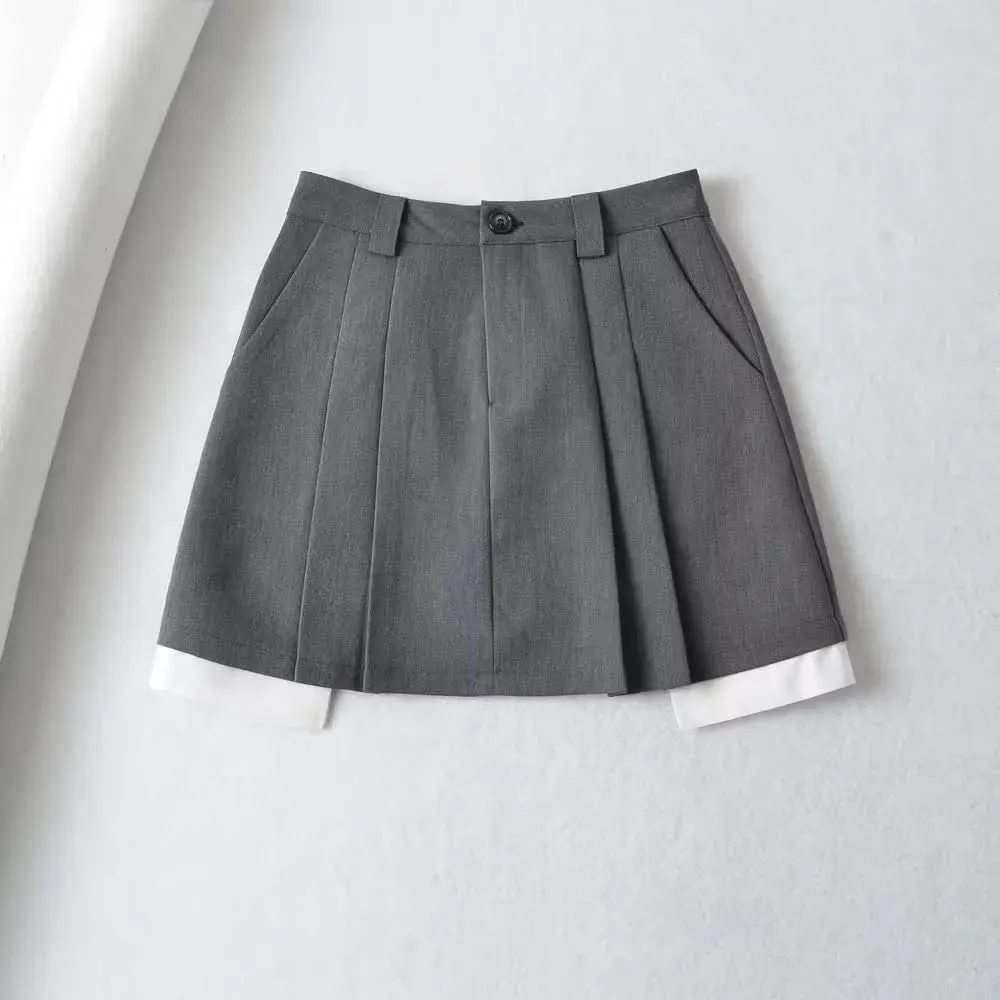 High Waist Patchwork Pleated Skirt for Women