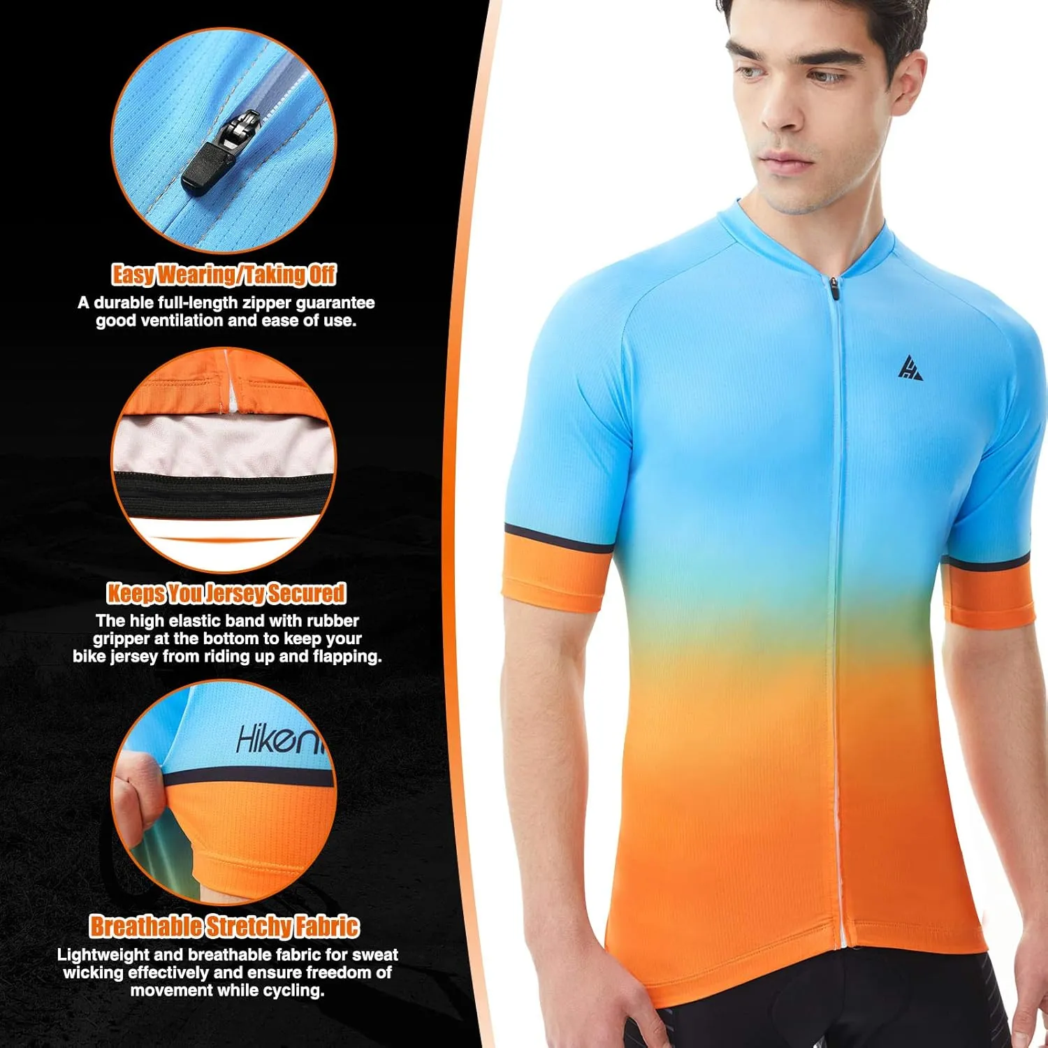 Hikenture Cycling Jersey for Men, Quick Dry Short Sleeve Bike Shirts with 3 Rear Pockets
