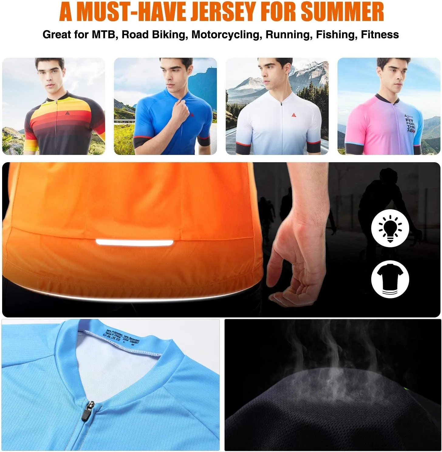 Hikenture Cycling Jersey for Men, Quick Dry Short Sleeve Bike Shirts with 3 Rear Pockets