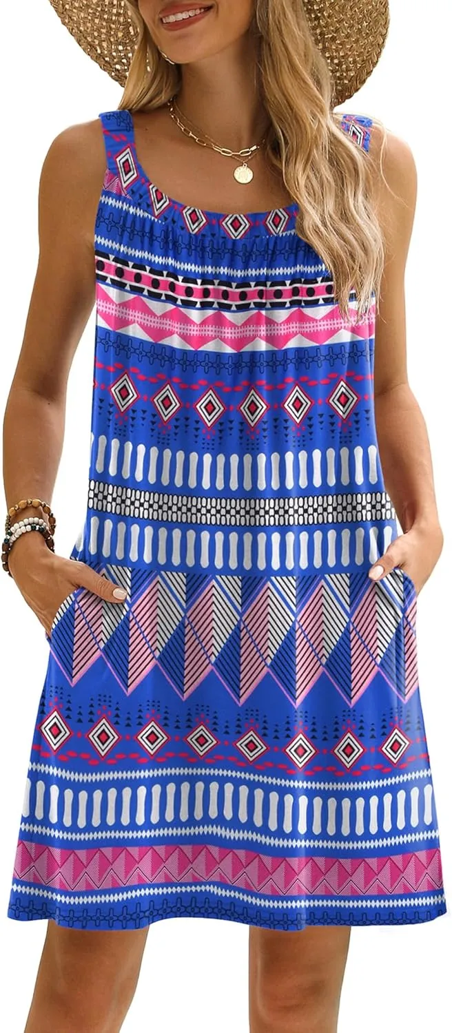 HOTOUCH Women Dress 2024 Summer Casual T Shirt Dress Beach Cover Up Sleeveless Sundress Tank Dress with Pockets