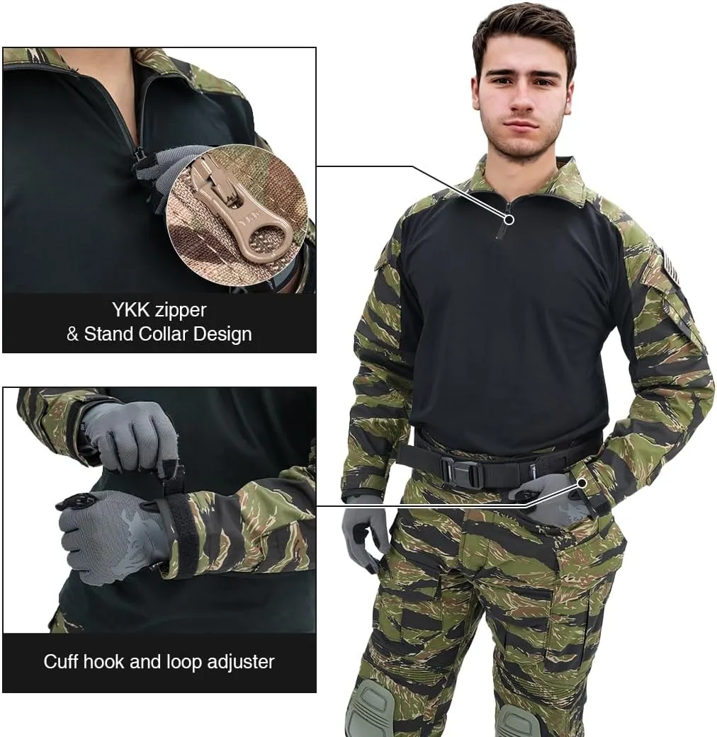 IDOGEAR SPORTS G3 Combat Shirts Mens Tactical Shirt with Elbow Pads 1/4 Zipper Collar Long Sleeves Top Military Clothing