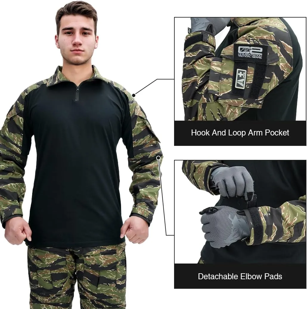 IDOGEAR SPORTS G3 Combat Shirts Mens Tactical Shirt with Elbow Pads 1/4 Zipper Collar Long Sleeves Top Military Clothing