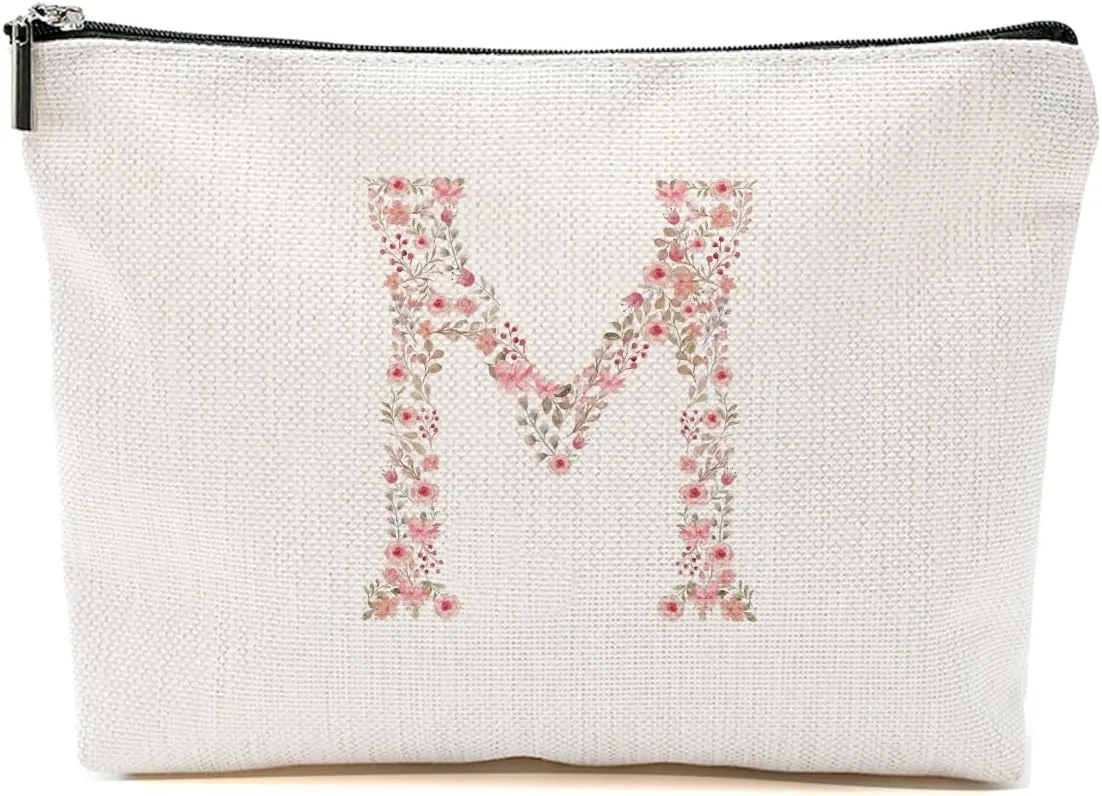 Initial Makeup Bag Floral M Personalized Cosmetic Bag Monogrammed Gifts for Women Girls Mom Bridesmaid Monogram Zipper Pouch for Teacher Appreciation Mothers Day Birthday Wedding Bridal Shower Gifts