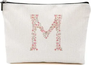 Initial Makeup Bag Floral M Personalized Cosmetic Bag Monogrammed Gifts for Women Girls Mom Bridesmaid Monogram Zipper Pouch for Teacher Appreciation Mothers Day Birthday Wedding Bridal Shower Gifts