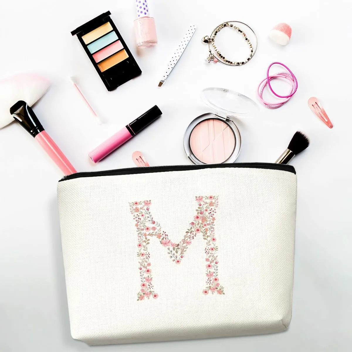 Initial Makeup Bag Floral M Personalized Cosmetic Bag Monogrammed Gifts for Women Girls Mom Bridesmaid Monogram Zipper Pouch for Teacher Appreciation Mothers Day Birthday Wedding Bridal Shower Gifts